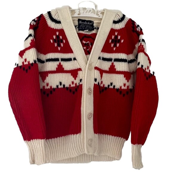70’s Vintage Wonderknit Fairisle Chunky Knit Cardigan Red/White  Unisex Size 4 - Picture 1 of 16